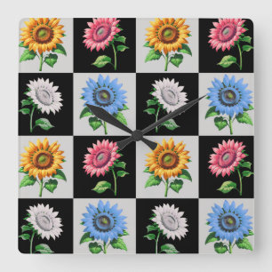 Horloge Carrée à damiers Flore de tournesol multicolore
