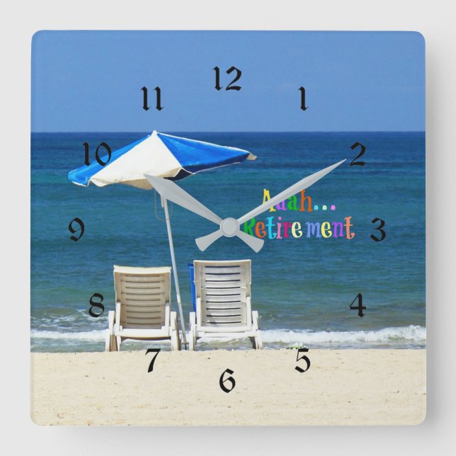 Horloge Carrée Aaah... retraite, plaisir à la plage (Recto)