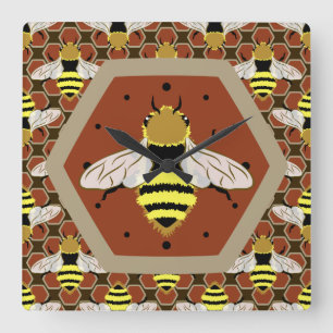 Horloge Carrée Abeilles et motif de nid d'abeilles