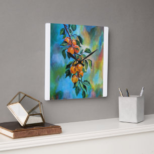 Horloge Carrée Abricots sur une branche d'été Peinture d'Alfred F