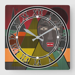 Horloge Carrée Abstract african mask in re vintage colors