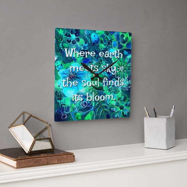 Horloge Carrée Abstract Floral Teal Blue Green Personalized (Bureau)