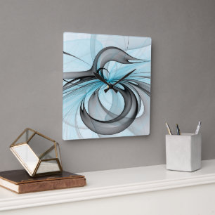 Horloge Carrée Abstrait Anthracite Gris Bleu Moderne Fractage Art
