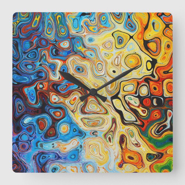 Horloge Carrée Abstrait Art Jaune Orange Bleu Fils (Recto)
