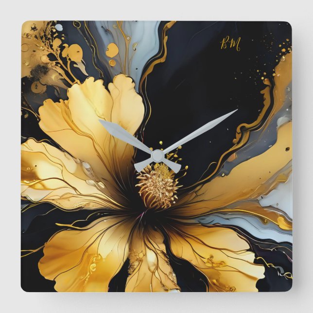 Horloge Carrée abstrait chic noir floral (Recto)