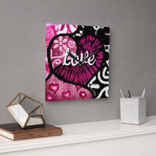 Horloge Carrée Abstrait coeur d'amour rose Floral Pois noir