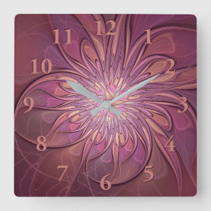 Horloge Carrée Abstrait Floral Fractal Art Berry couleurs