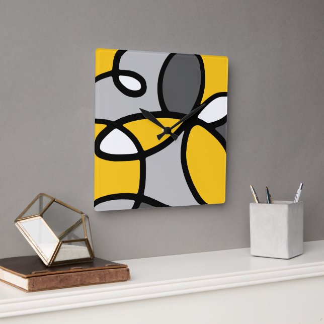 Horloge Carrée Abstrait gris jaune noir blanc (Bureau)
