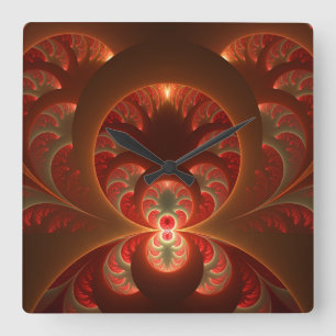 Horloge Carrée Abstrait lumineux rouge orange moderne Fractal