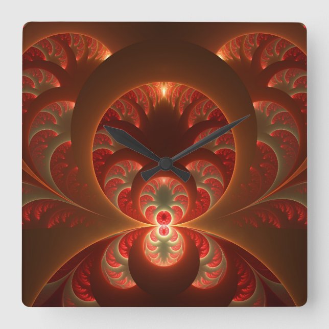 Horloge Carrée Abstrait lumineux rouge orange moderne Fractal (Recto)