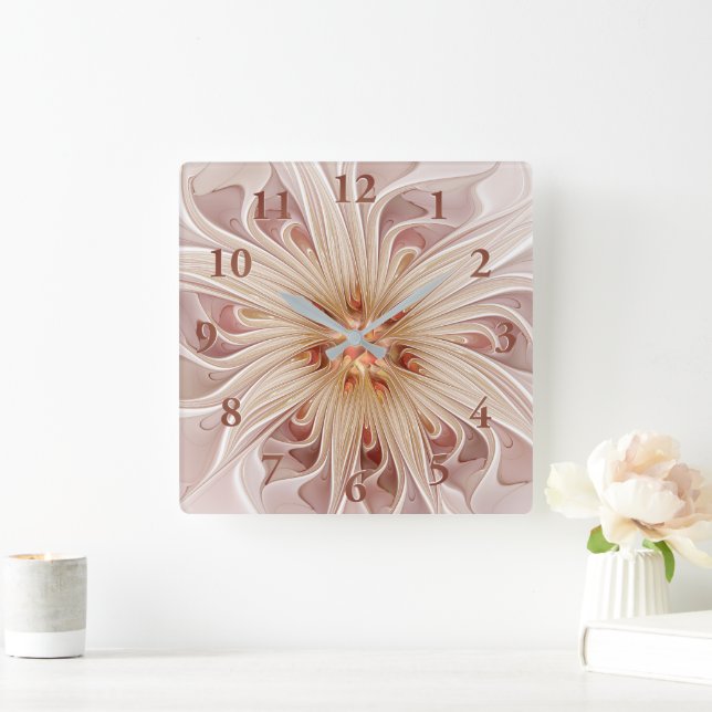 Horloge Carrée Abstrait Moderne Peach Pastel Flower Fractal Art (Maison)