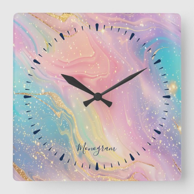 Horloge Carrée Abstrait Pastel Parties scintillant Motif sans cou (Recto)