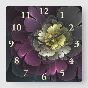 Horloge Carrée Abstrait Purpur moderne Khaki Gris Fleur fractale 