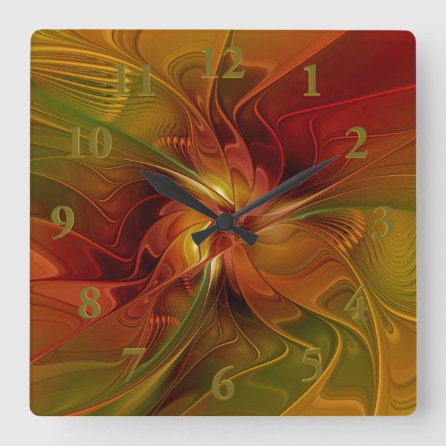 Horloge Carrée Abstrait Rouge Orange Brown Vert Fractal Art Flowe (Recto)