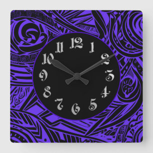 Horloge Carrée Abstrait tribal noir et blanc