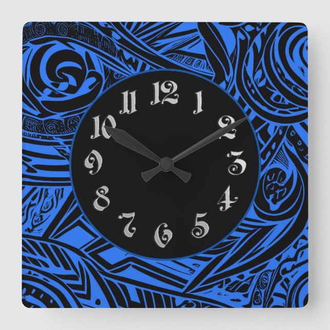 Horloge Carrée Abstrait tribal noir et blanc (Recto)