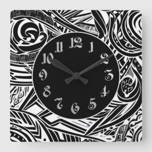 Horloge Carrée Abstrait tribal noir et blanc