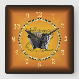 Horloge Carrée Accordéon Sur Scroll Musical & Russet Orange ~