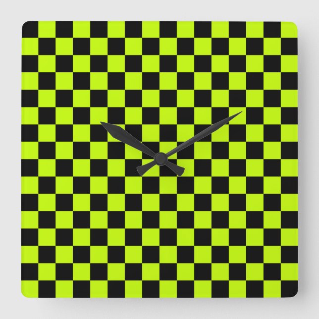 Horloge Carrée Acid green black checkerboard pattern (Recto)