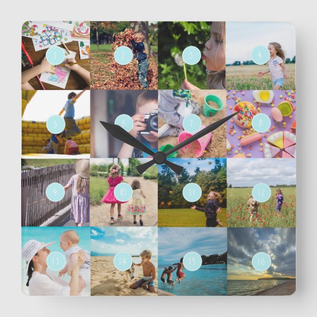Horloge Carrée Add your own 16 Photo Customisable Collage Clock (Recto)