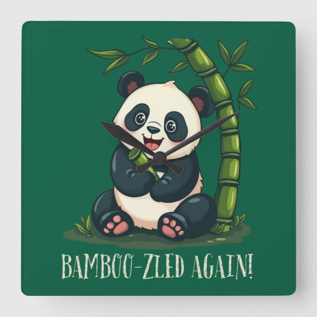 Horloge Carrée Adorable Panda Accrocher Bambou mignonette Cartoon (Recto)