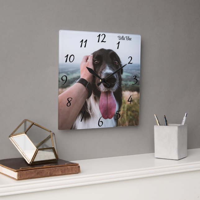 Horloge Carrée Adorable personnalisation Chien Photo Carré Mur Ho (Bureau)
