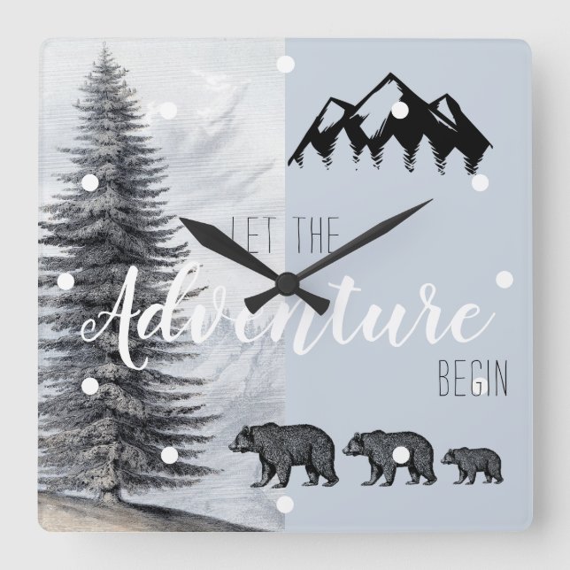 Horloge Carrée Adventure Await Rustic Woodland Bears Nursery (Recto)
