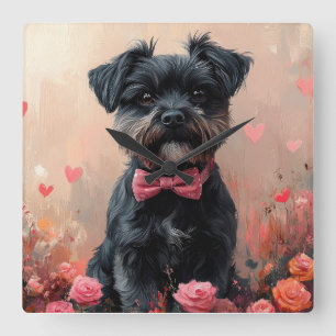 Horloge Carrée Affenpinscher avec des roses - Saint-Valentin