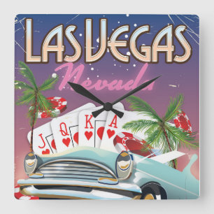 Horloge Carrée Affiche de vacances de style vintage Las Vegas