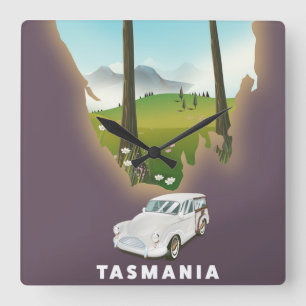 Horloge Carrée Affiche de voyage carte illustrée de Tasmanie.