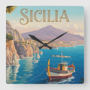 Horloge Carrée Affiche de voyage de style vintage pour la Sicile