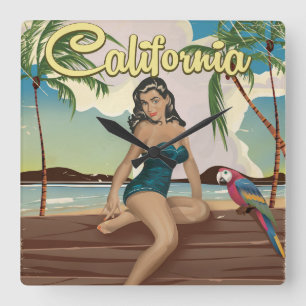 Horloge Carrée Affiche de voyage rétro modèle Californie