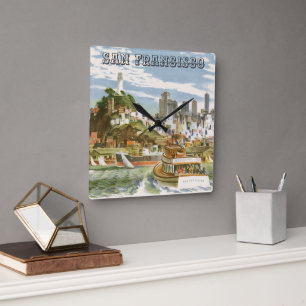 Horloge Carrée Affiche de voyage vintage de la baie de San Franci