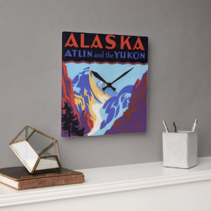 Horloge Carrée Affiche de voyage vintage de l'Alaska, Atlin et le