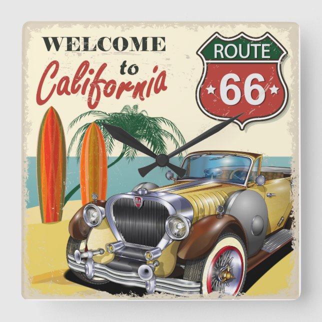 Horloge Carrée Affiche rétro "Bienvenue en Californie" Route 66, (Recto)