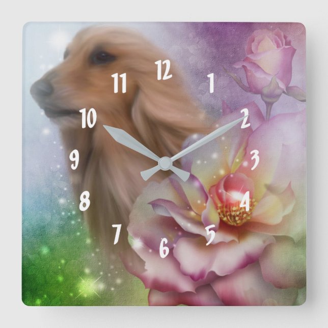 Horloge Carrée Afghanistan Hound Imaginaire Flowers Chien Art (Recto)