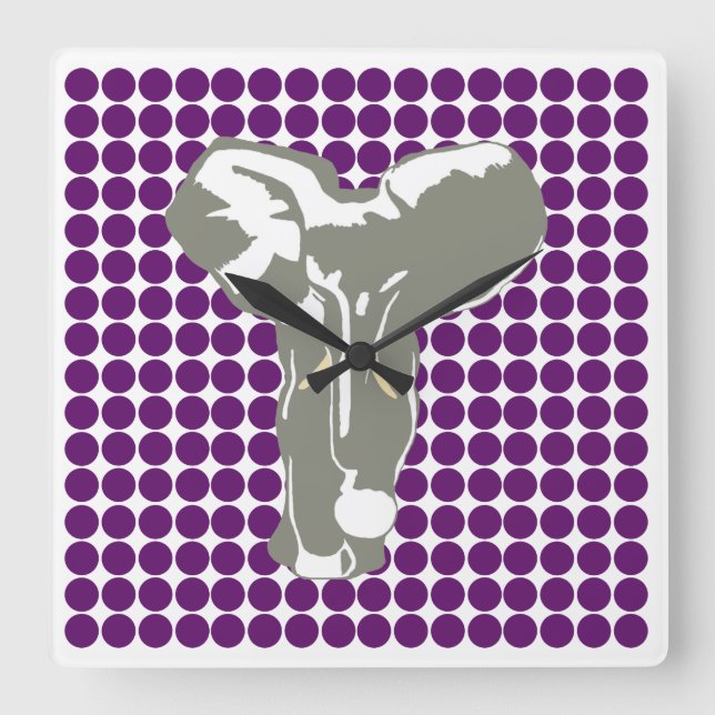 Horloge Carrée African Violet Safari Dot avec Pop Art Elephant (Recto)