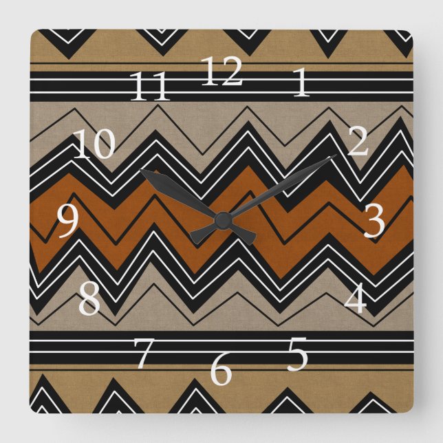 Horloge Carrée African Zigzags and White Numbers (Recto)