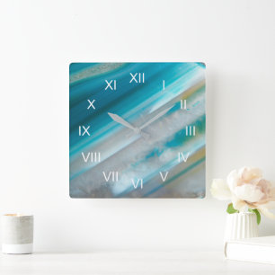 Horloge Carrée Agate à bandes bleu sarcelle avec chiffres romains