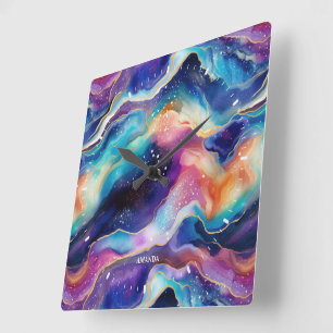 Horloge Carrée Agate de parties scintillant arc-en-ciel coloré es