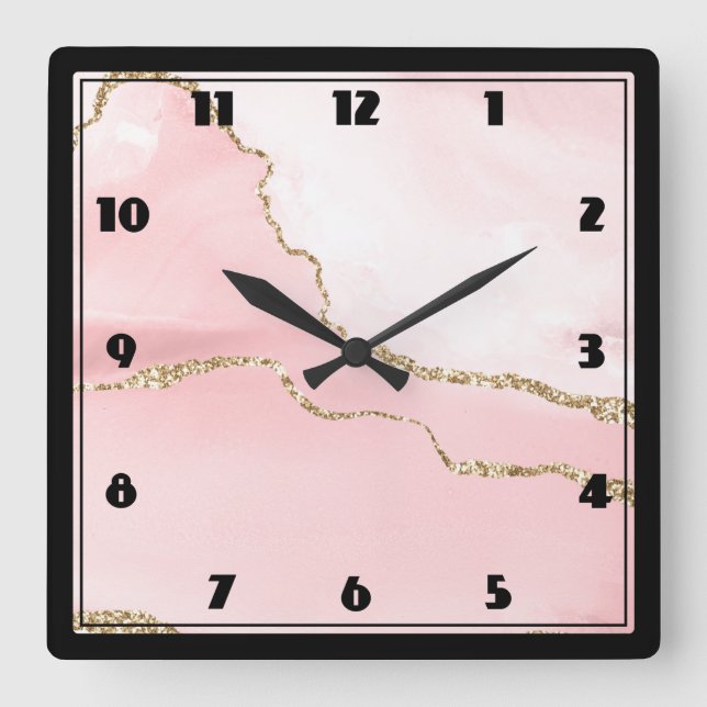 Horloge Carrée Agate rose vierge avec ruban or Élégant (Recto)