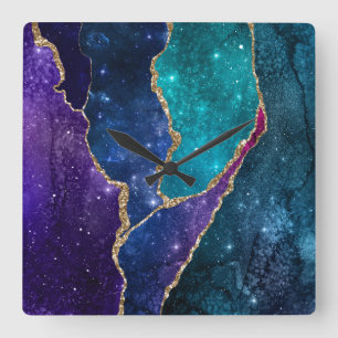 Horloge Carrée Agate Veines Bleu Violet Aqua Or
