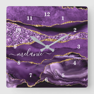 Horloge Carrée Agate Violet violet or Parties scintillant Géode N