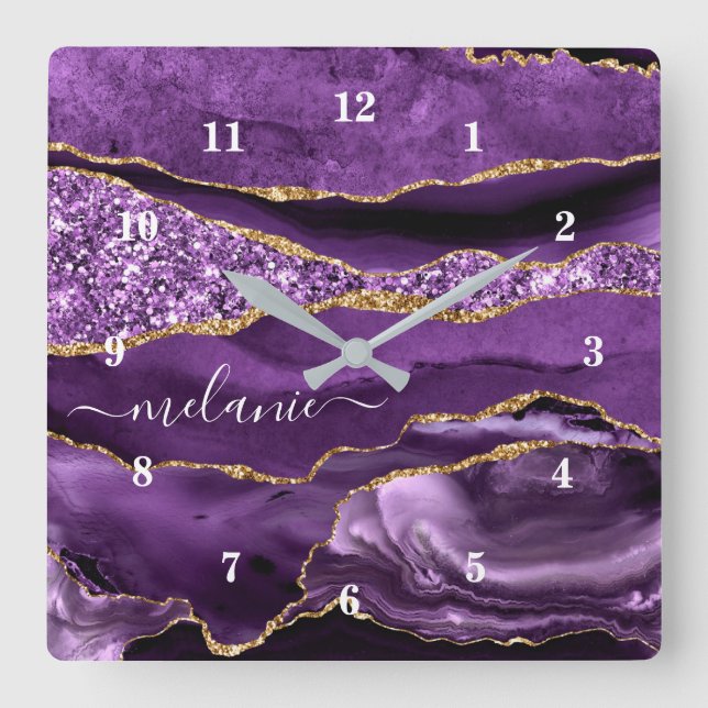 Horloge Carrée Agate Violet violet or Parties scintillant Géode N (Recto)