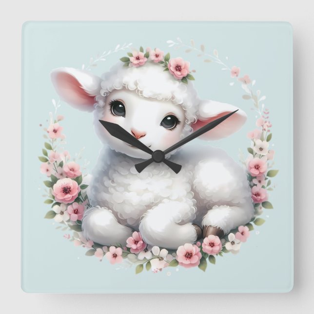 Horloge Carrée Agneau Mignon avec Illustration de Couronne Floral (Recto)
