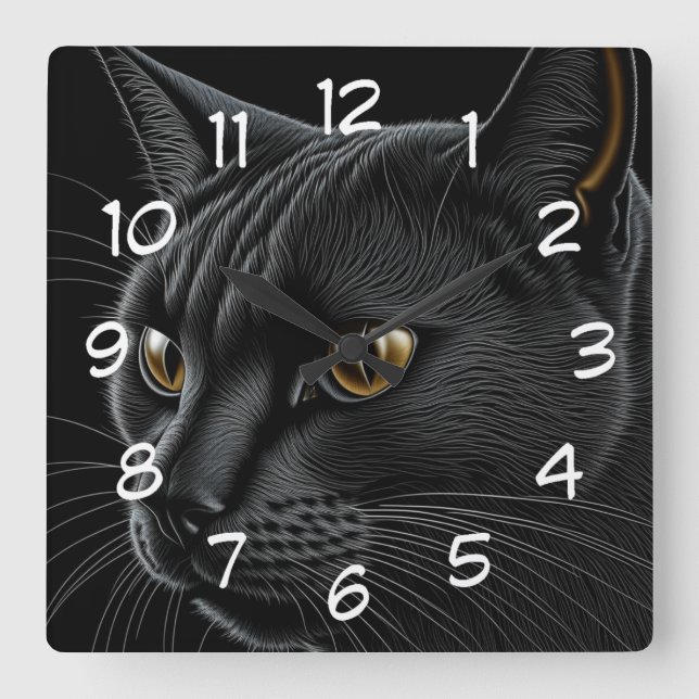 Horloge Carrée AI Chat noir avec yeux jaunes (Recto)