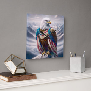 Horloge Carrée Aigle à tête blanche avec une larme portant un dra