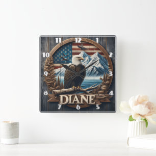 Horloge Carrée Aigle Avec Montagne & Drapeau