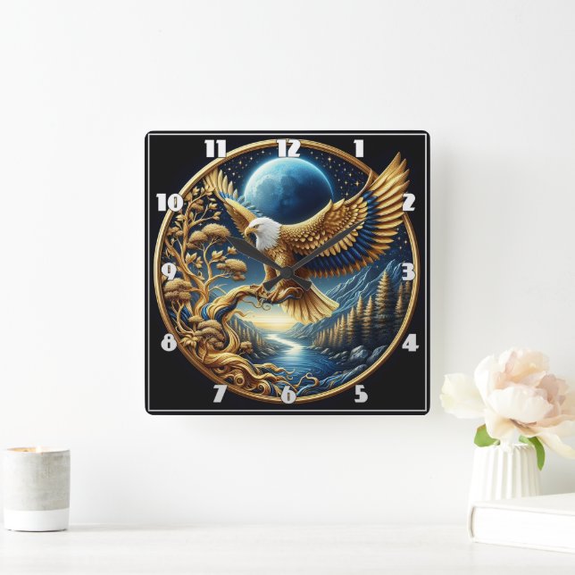 Horloge Carrée Aigle majestueux perché au bord d'une rivière sere (Maison)