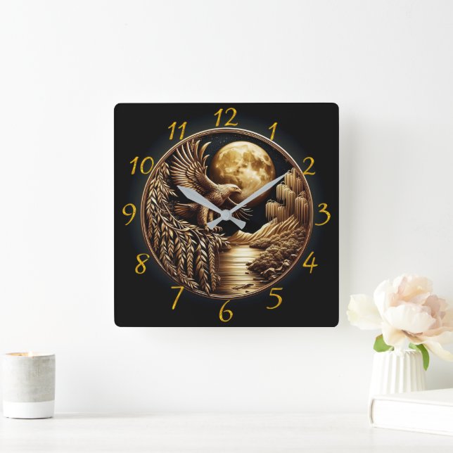 Horloge Carrée Aigle perché par les eaux lune la nuit (Maison)